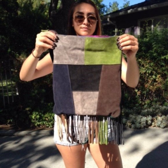 Large Patchwork suede leather fringed crossbody - Picture 2 of 4